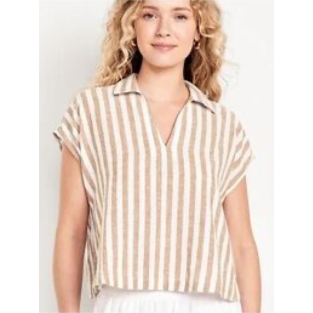 Old navy boxey Striped V-Neck Collared line blend top in Beige and White size M